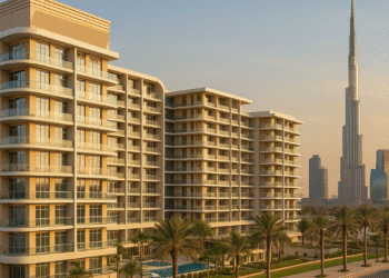 Exterior view of a modern Danube Properties residential tower in Dubai with landscaped surroundings and contemporary architecture.