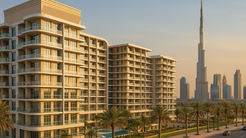 Exterior view of a modern Danube Properties residential tower in Dubai with landscaped surroundings and contemporary architecture.