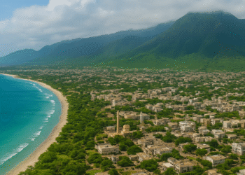 Panoramic view of Jumeirah Village Circle in Dubai with modern residential buildings and landscaped streets under a clear sky.
