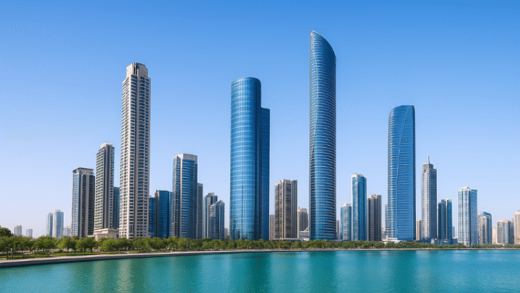 A panoramic view of Al Reem Island in Abu Dhabi showcasing luxury waterfront towers, modern residential buildings, and the surrounding marina.
