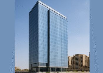 A modern commercial tower in Dubai’s International City, showcasing sleek all-glass architecture and a landscaped entrance plaza under clear skies.