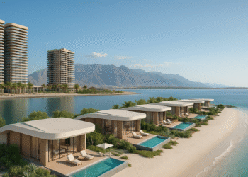 Aerial view of RAK Properties Mina development in Ras Al Khaimah showing waterfront residential projects.