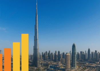 Dubai Marina skyline with high-rise residential towers reflecting on calm waters at sunset.