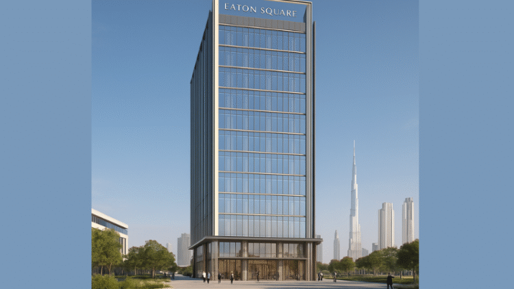 A modern commercial tower with a glass façade, located in a vibrant urban area of Dubai, surrounded by greenery and pedestrian-friendly spaces.