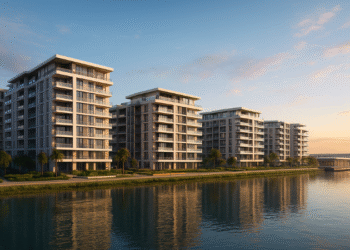 Modern waterfront residential community at Damac Riverside in Dubai Investments Park, showcasing luxury apartments and green spaces.