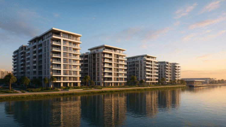Modern waterfront residential community at Damac Riverside in Dubai Investments Park, showcasing luxury apartments and green spaces.