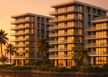 Modern waterfront apartment buildings on Raha Island, Mina Waterfront, Ras Al Khaimah at sunset