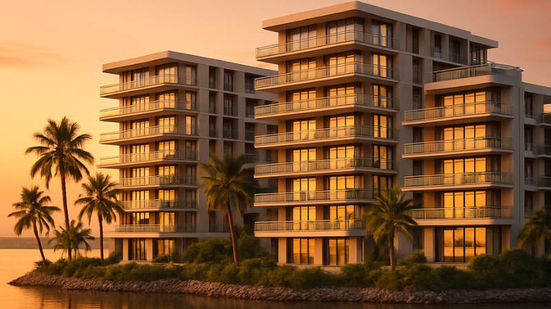 Modern waterfront apartment buildings on Raha Island, Mina Waterfront, Ras Al Khaimah at sunset