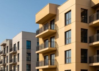A row of modern residential apartment buildings in Dubai under a clear blue sky, representing affordable housing options.