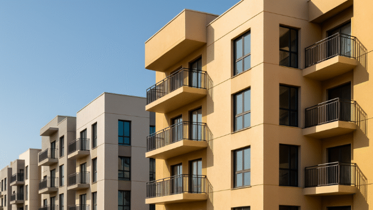 A row of modern residential apartment buildings in Dubai under a clear blue sky, representing affordable housing options.