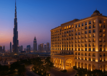 Dubai skyline with Burj Khalifa and luxury hotel at sunset, representing real estate investment opportunities