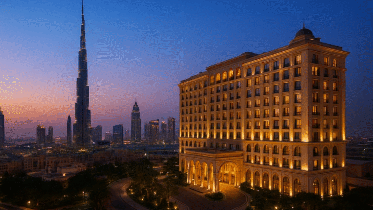Dubai skyline with Burj Khalifa and luxury hotel at sunset, representing real estate investment opportunities