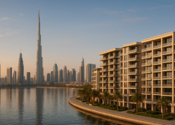 Dubai waterfront skyline with luxury residential towers at sunset