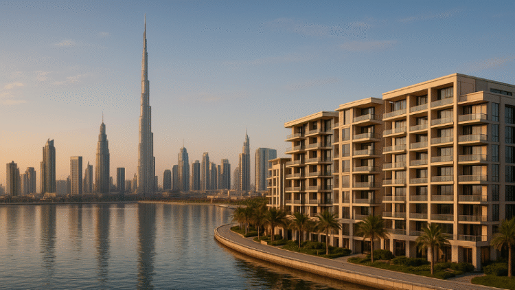 Dubai waterfront skyline with luxury residential towers at sunset
