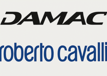 Clean digital banner image featuring logos of DAMAC Group and Roberto Cavalli