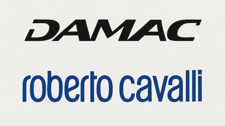 Clean digital banner image featuring logos of DAMAC Group and Roberto Cavalli