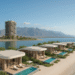 A high-resolution photograph showcasing the luxury beachfront Armani Beach Residences in Ras Al Khaimah, with modern architecture and sweeping views of the Arabian Gulf.