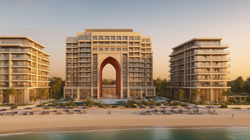 Aerial view of a beachfront development in Sharjah during sunrise, showing modern architecture and coastal landscape.