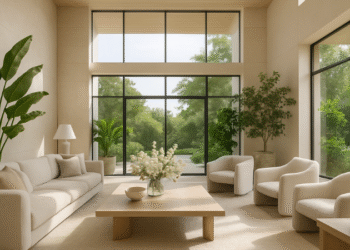 Luxury home interior with high ceilings, modern furnishings, natural light, and wellness-focused design