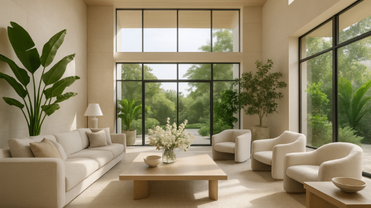 Luxury home interior with high ceilings, modern furnishings, natural light, and wellness-focused design