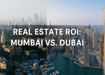 A composite image showcasing the contrast between Mumbai’s dense skyline and Dubai’s modern waterfront high-rises, symbolizing real estate investment opportunities in both cities.