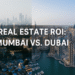 A composite image showcasing the contrast between Mumbai’s dense skyline and Dubai’s modern waterfront high-rises, symbolizing real estate investment opportunities in both cities.