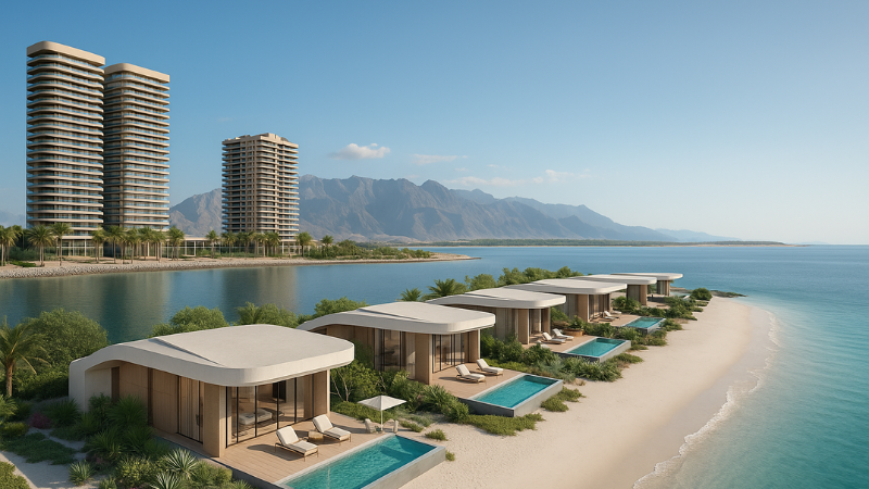 A high-resolution photograph showcasing the luxury beachfront Armani Beach Residences in Ras Al Khaimah, with modern architecture and sweeping views of the Arabian Gulf.