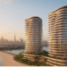 A high-resolution panoramic image of luxury waterfront residences on Palm Jumeirah, Dubai, with sculptural twin towers and beachfront landscaping.