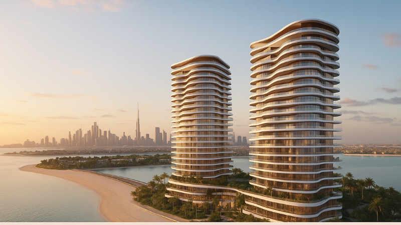 A high-resolution panoramic image of luxury waterfront residences on Palm Jumeirah, Dubai, with sculptural twin towers and beachfront landscaping.
