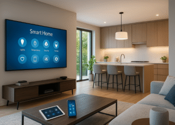 Interior of a modern tech-enabled smart home in Dubai featuring advanced automation systems and luxury design.