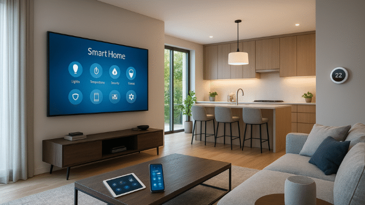 Interior of a modern tech-enabled smart home in Dubai featuring advanced automation systems and luxury design.