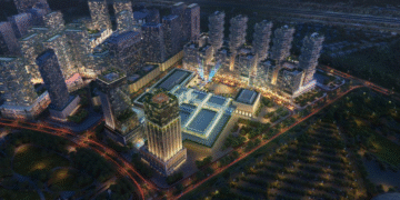 Aerial view of Azizi Milan community master plan in Dubai with modern residential towers, canal, and landscaped spaces.