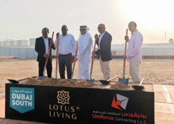 Lotus Living executives and partners at the groundbreaking ceremony for the new residential project in Dubai South real estate.