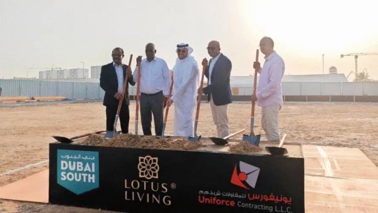 Lotus Living executives and partners at the groundbreaking ceremony for the new residential project in Dubai South real estate.