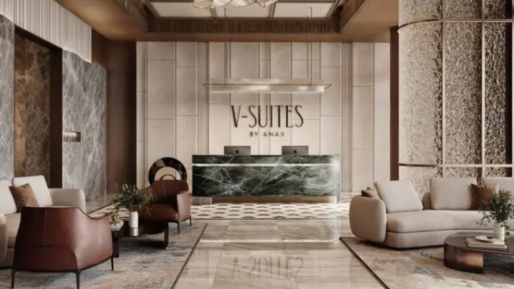 Luxury lobby at V-Suites by ANAX in Dubai’s Business Bay, designed for executive living.