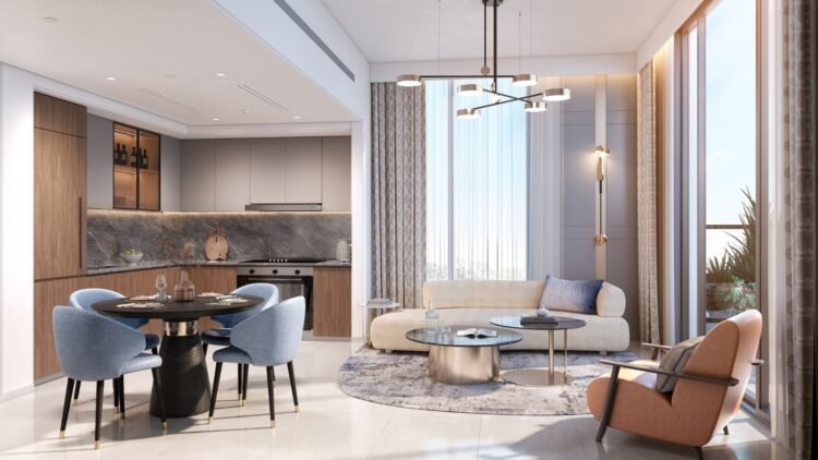 Luxury living room and kitchen interior at Azizi Milan Dubai real estate development, featuring modern design, sustainable finishes, and premium Dulux paints.
