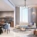 Luxury living room and kitchen interior at Azizi Milan Dubai real estate development, featuring modern design, sustainable finishes, and premium Dulux paints.