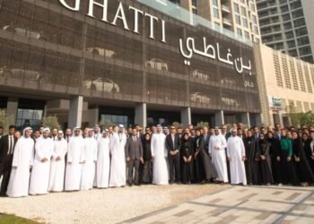 Binghatti Holding team during the international launch of Binghatti Skyblade in Downtown Dubai near Burj Khalifa Boulevard