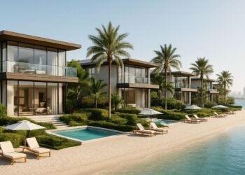 Luxury beachfront residential development Soléva Beach Residences by Al Huzaifa on Al Marjan Island, Ras Al Khaimah with modern architecture, private pools, lush landscaping, and resort-style amenities