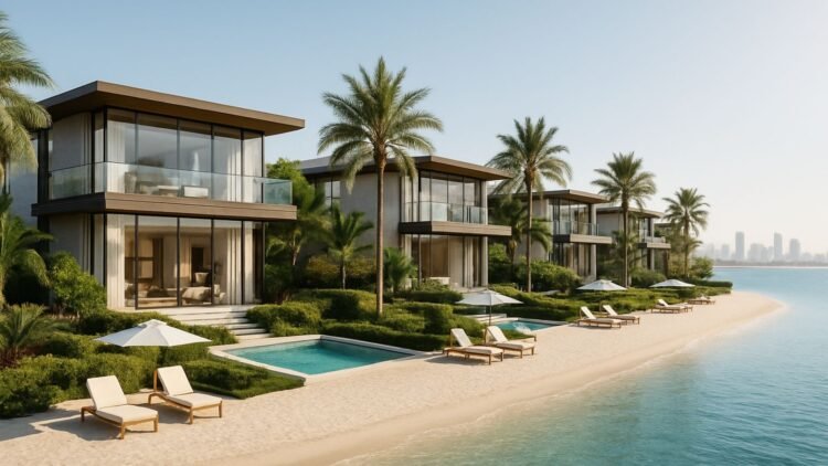Luxury beachfront residential development Soléva Beach Residences by Al Huzaifa on Al Marjan Island, Ras Al Khaimah with modern architecture, private pools, lush landscaping, and resort-style amenities