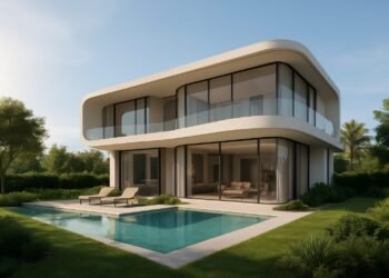 Futuristic luxury villa in Dubai with landscaped gardens and pool