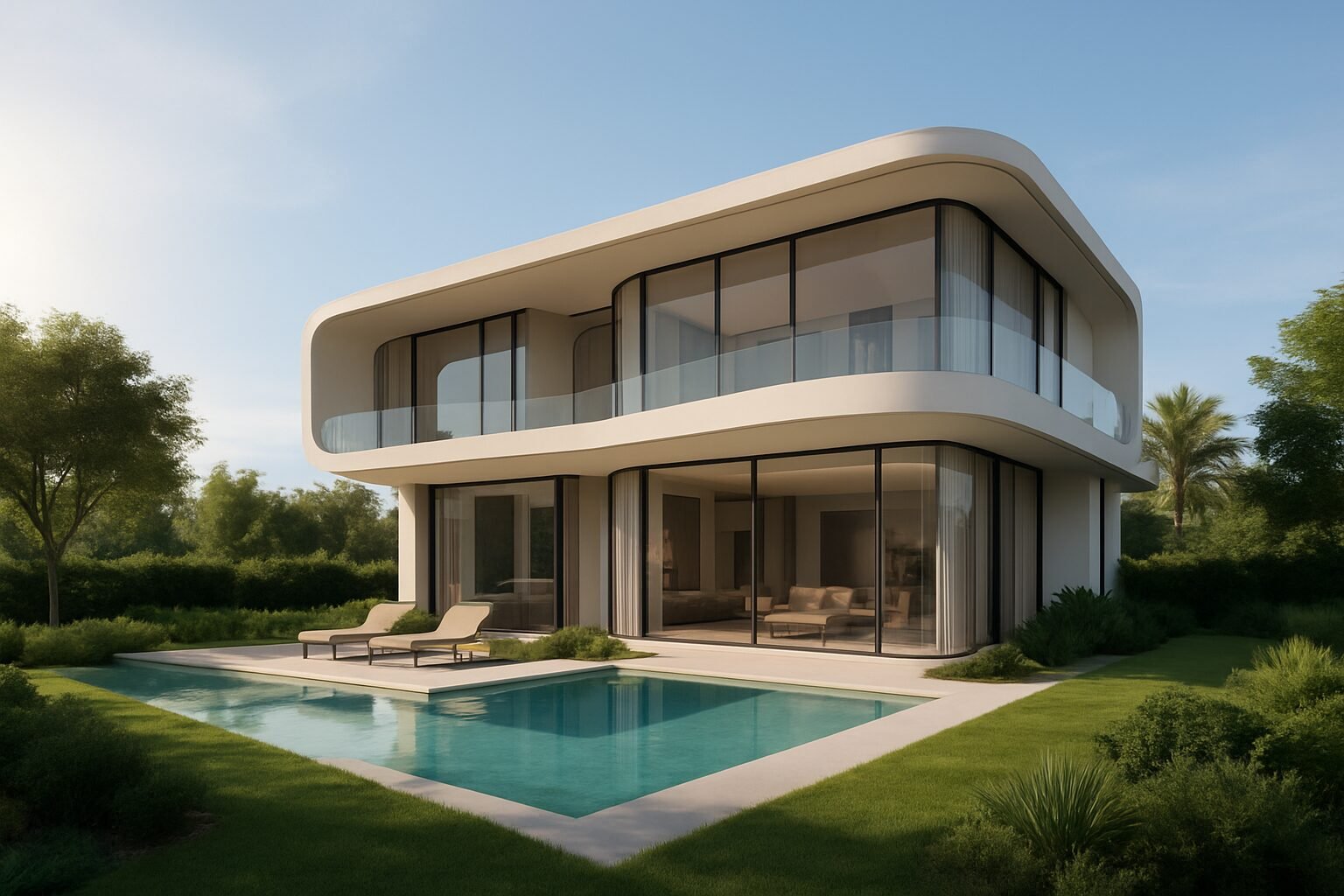 Futuristic luxury villa in Dubai with landscaped gardens and pool