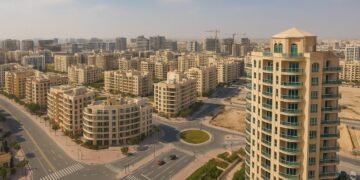 Jumeirah Village Circle (JVC) in Dubai with modern residential towers, villas, landscaped roads, and skyline in the background — real estate community view.