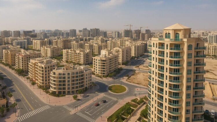 Jumeirah Village Circle (JVC) in Dubai with modern residential towers, villas, landscaped roads, and skyline in the background — real estate community view.