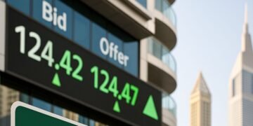 Dubai green sukuk investment concept with stock market board and skyscrapers