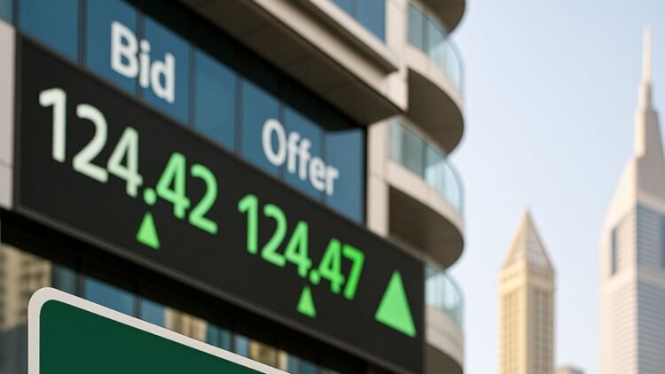 Dubai green sukuk investment concept with stock market board and skyscrapers