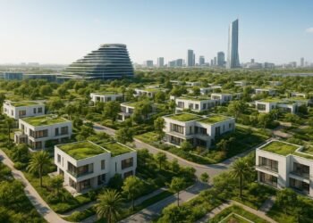 Aerial view of Khalid Bin Sultan City Sharjah, a sustainable community with villas and townhouses designed by Zaha Hadid Architects.