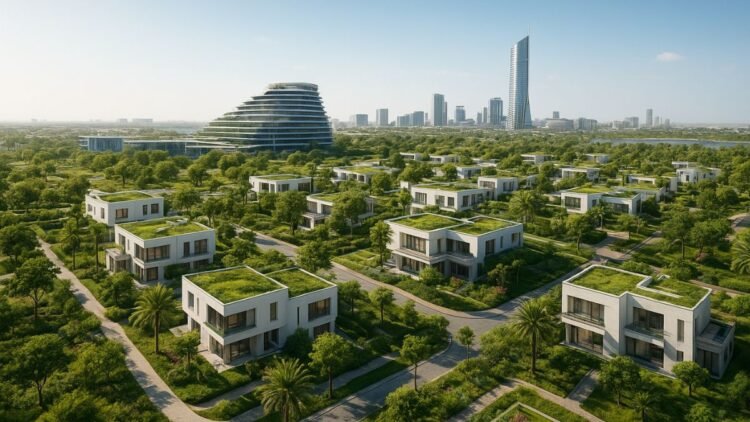Aerial view of Khalid Bin Sultan City Sharjah, a sustainable community with villas and townhouses designed by Zaha Hadid Architects.