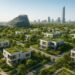 Aerial view of Khalid Bin Sultan City Sharjah, a sustainable community with villas and townhouses designed by Zaha Hadid Architects.