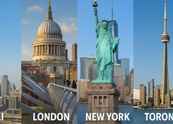 Dubai skyline with Burj Khalifa alongside London, New York, and Toronto skylines — global real estate investment comparison 2025.